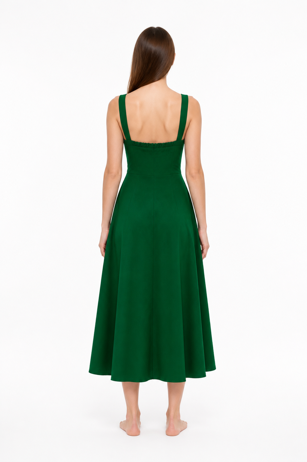 Green dress with thin straps and a square neckline back view