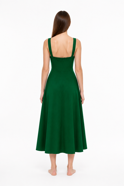 Green dress with thin straps and a square neckline back view