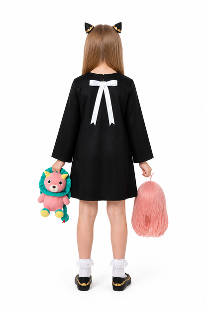 Anya Forger Cosplay Costume with Wig and Horns back view