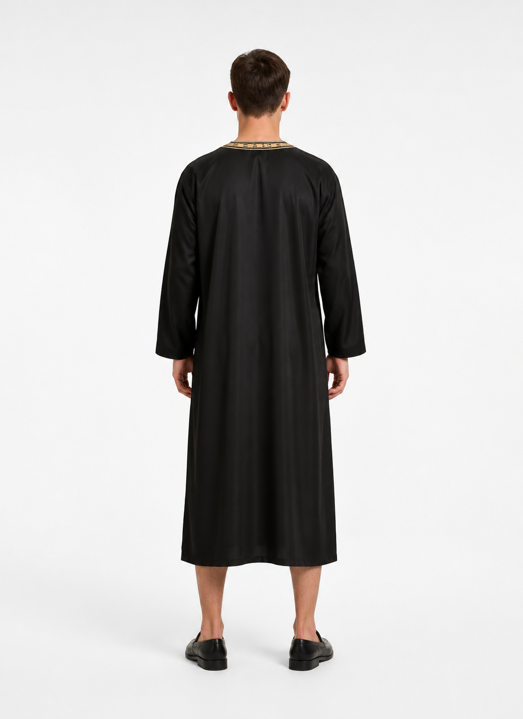 Long Black Abaya with Gold Collar Trim back view 2
