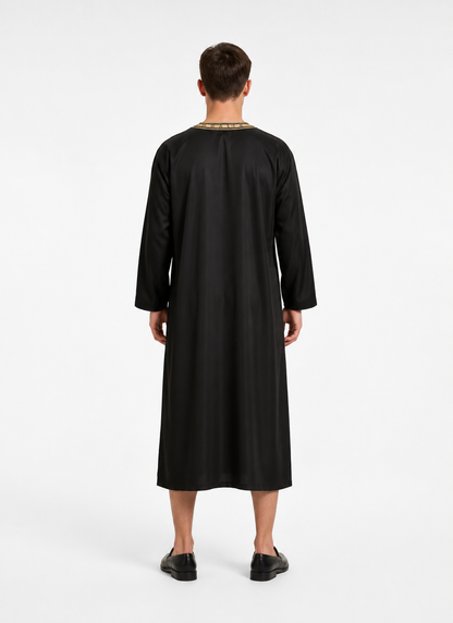 Long Black Abaya with Gold Collar Trim back view 2