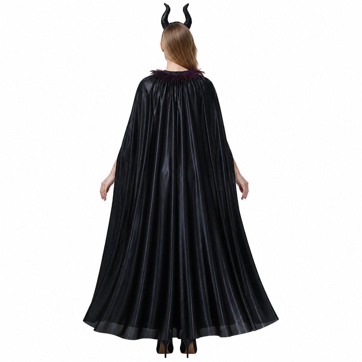Black Witch Costume with Long Dress and Cape back view