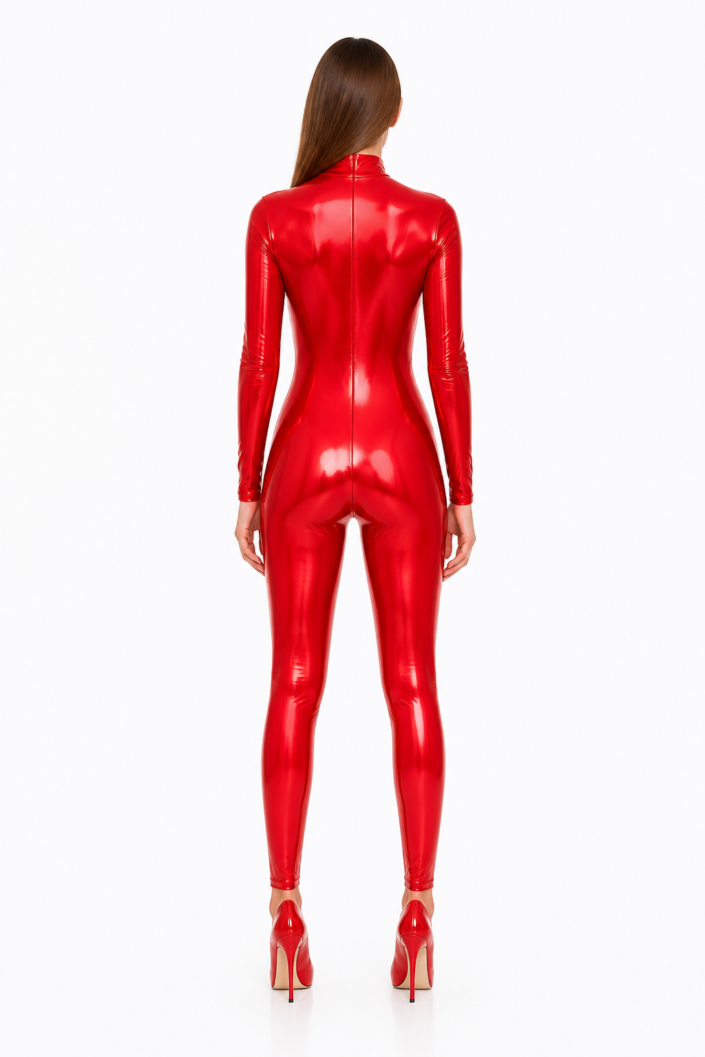 Red Jumpsuit with Zipper, Collar, and Sleeves back view
