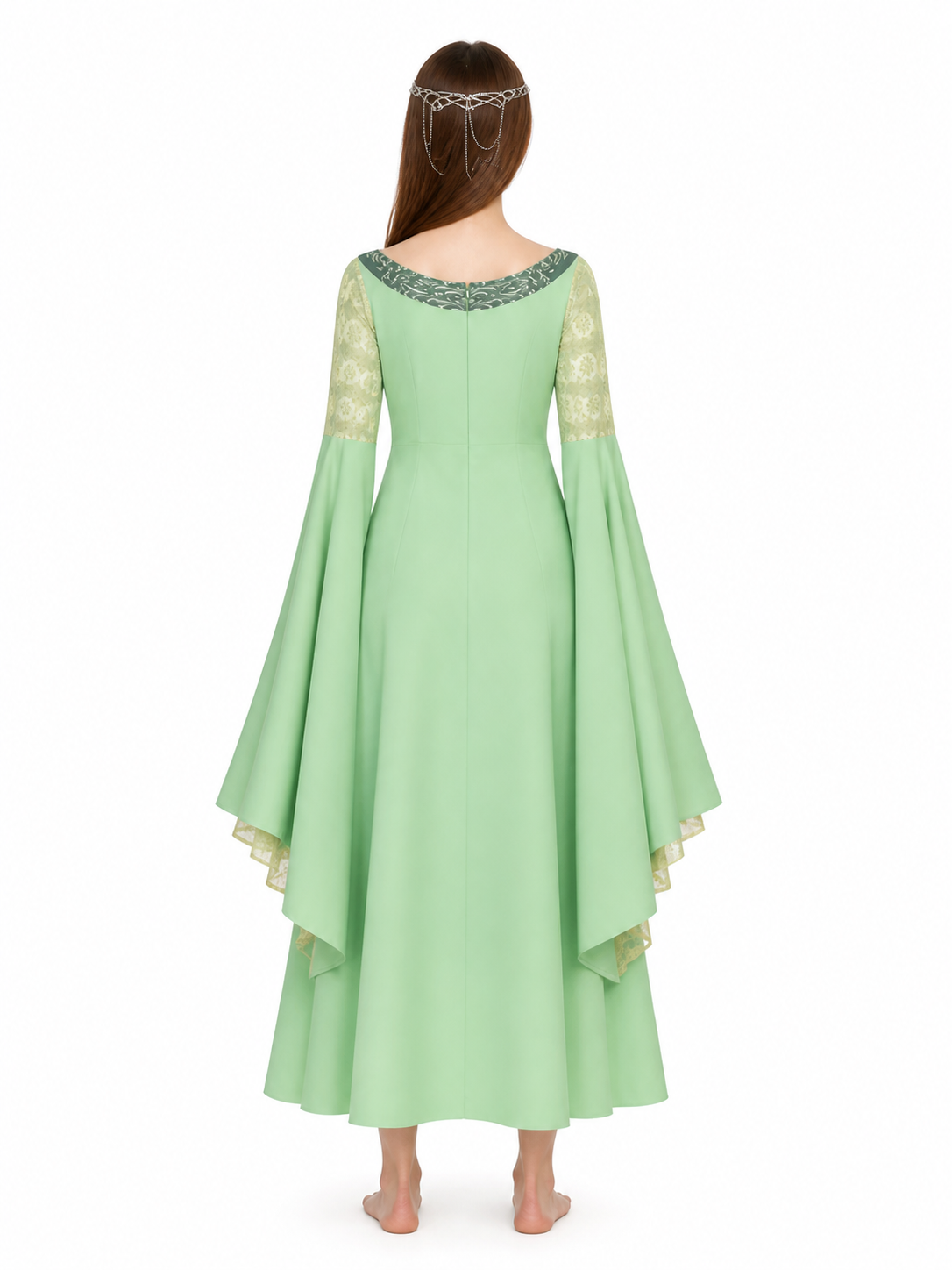 Arwen Cosplay Dress with Layered Flared Sleeves and Crown back view