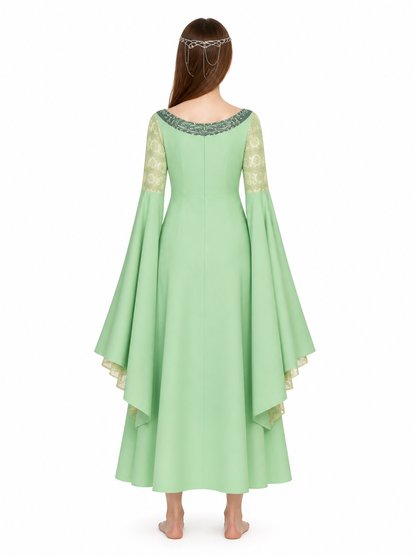 Arwen Cosplay Dress with Layered Flared Sleeves and Crown back view