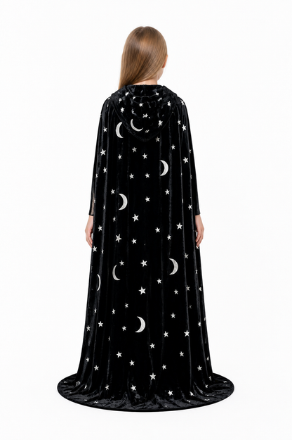 Black Hooded Long Cloak with Moon and Star Pattern