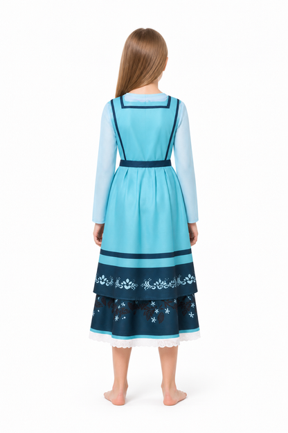 Blue cosplay dress with apron and long sleeves back view