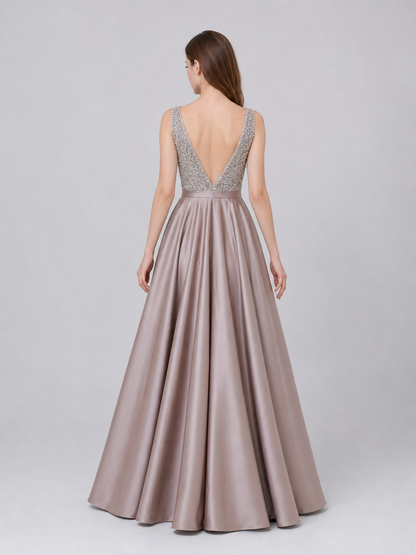 Sleeveless Evening Dress with Embellishment and V-Neckline