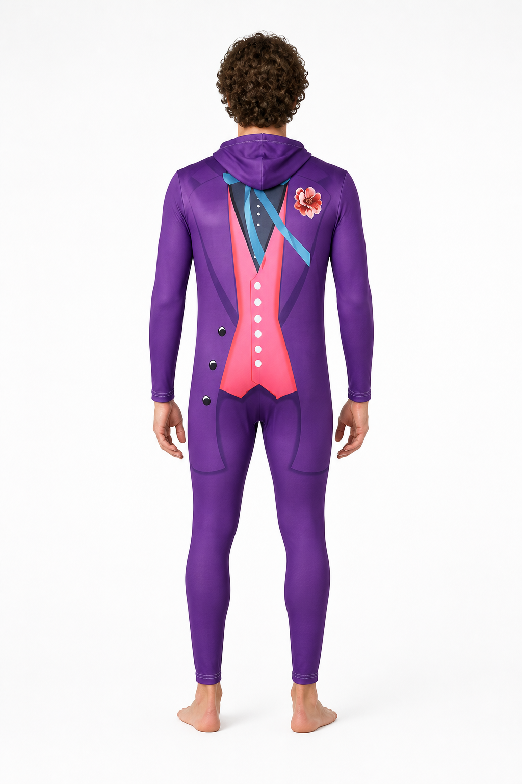 Joker cosplay jumpsuit with hood and printed design back view