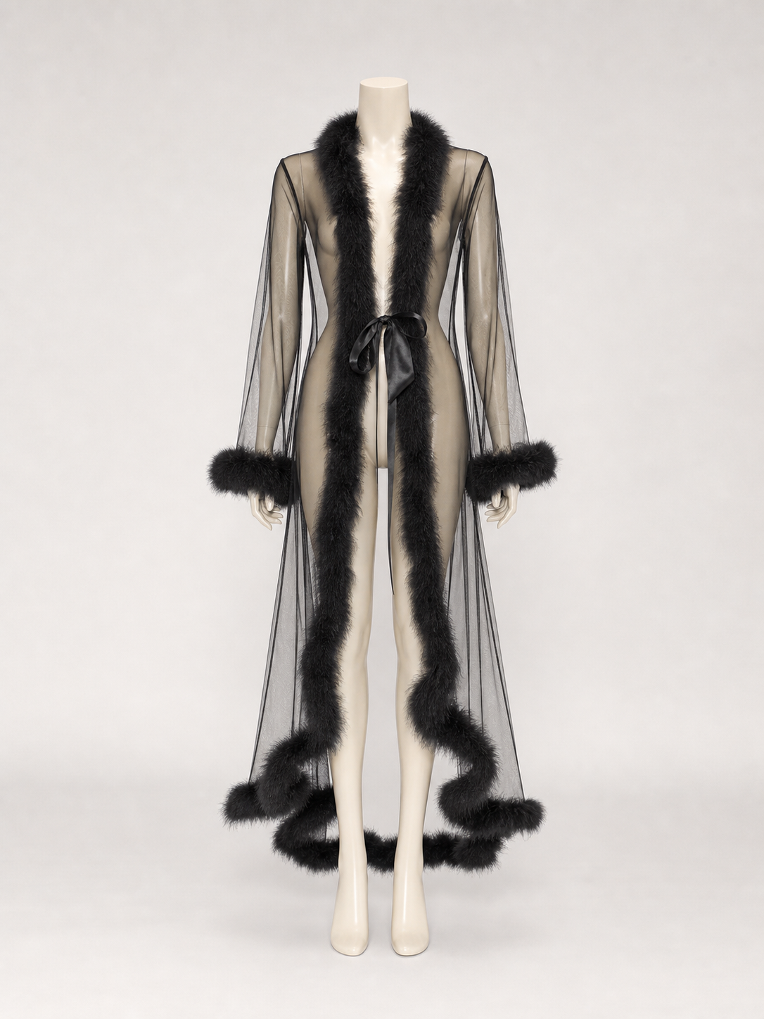 Long Robe with Open Front and Fluffy Trim back view