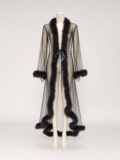 Long Robe with Open Front and Fluffy Trim back view