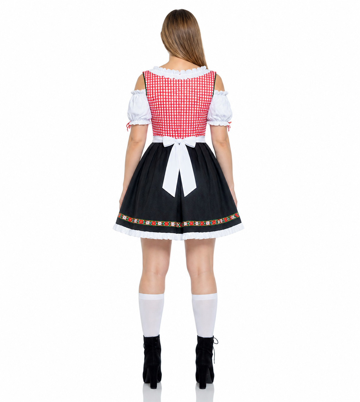 Bavarian Costume in Red-and-White Plaid with a Black Skirt back view