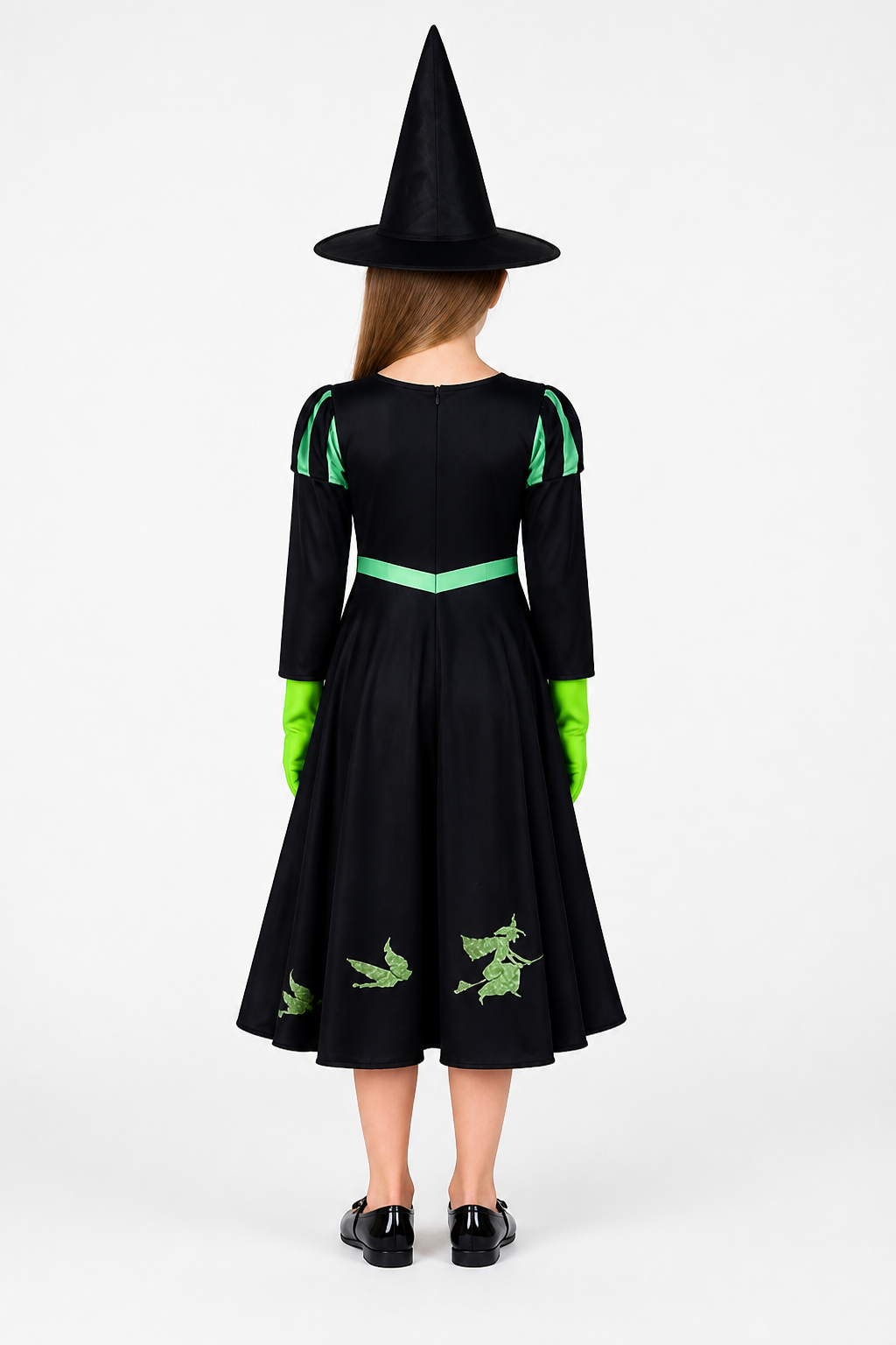 Unisex Witch Costume Set, Black Long Sleeve A-Line Dress with Green V Trim, Hat back view
