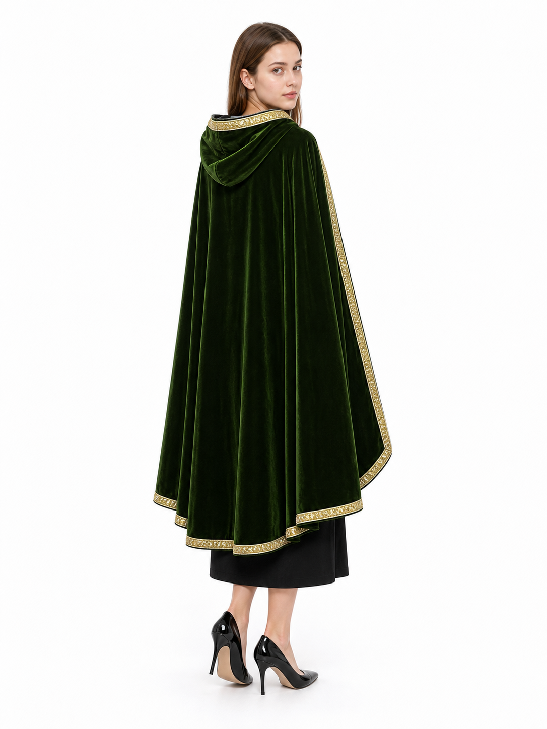 Green hooded carnival cloak, trim