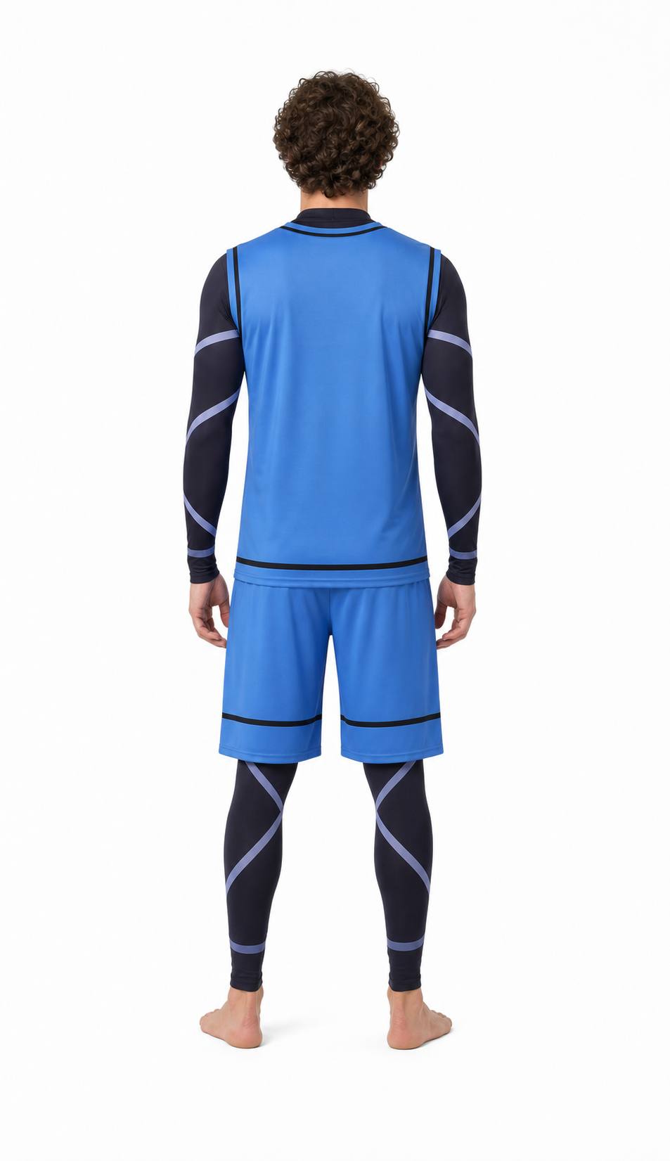 Blue Lock cosplay costume, blue, with number 8 and stripes back view