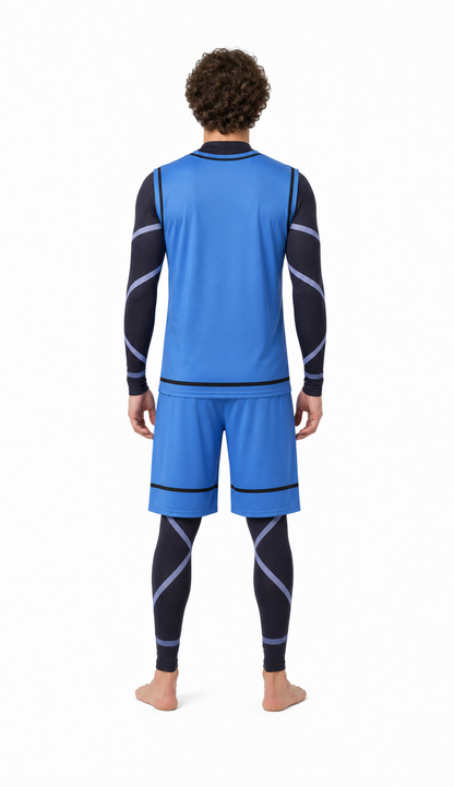 Blue Lock cosplay costume, blue, with number 8 and stripes back view