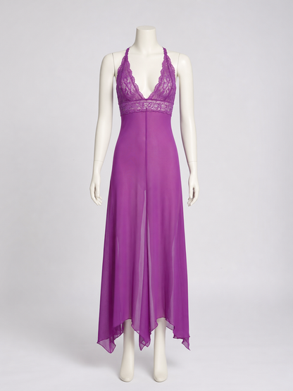Purple Long Dress with Spaghetti Straps and Lace