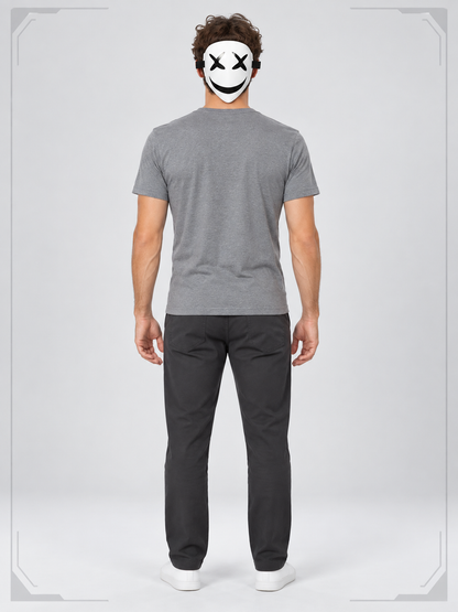 White mask with a black smile and cross-shaped eyes