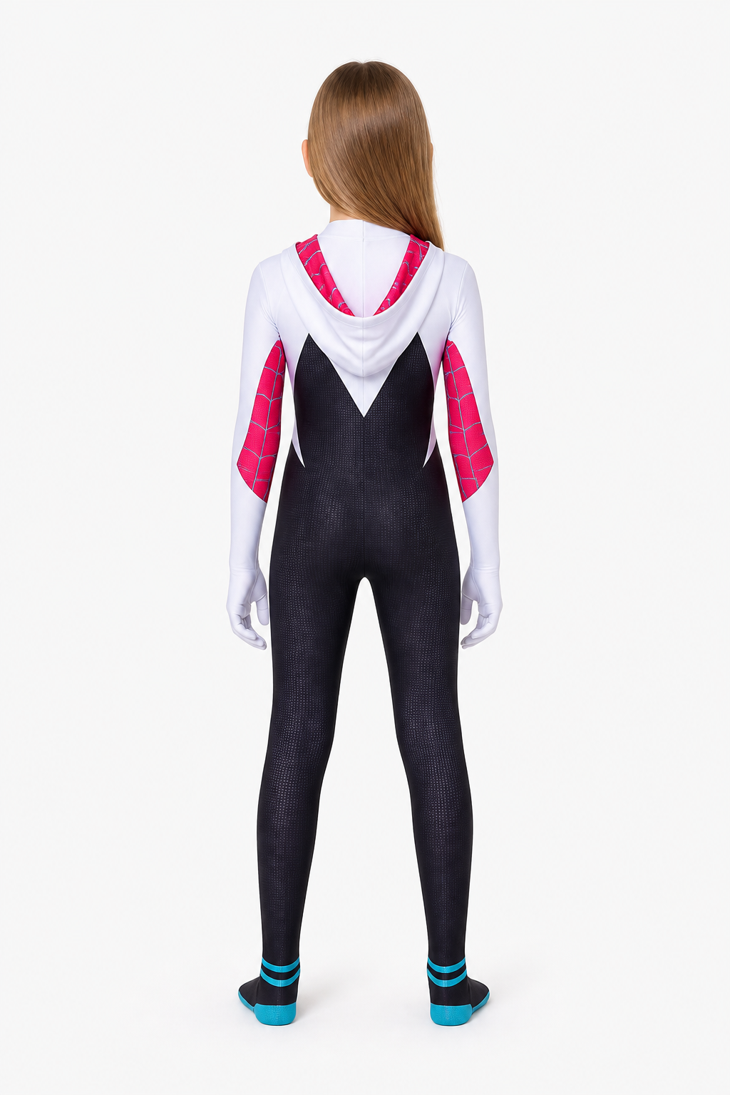 Hooded superhero jumpsuit in red, white, and black back view