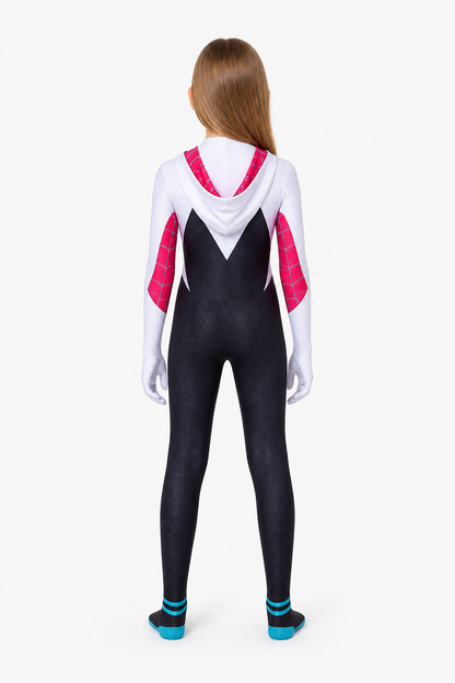 Hooded superhero jumpsuit in red, white, and black back view