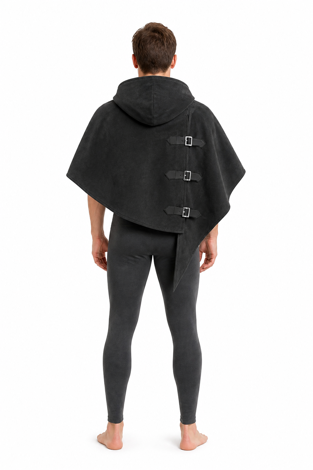 Black Hooded Cape with Buckles for Cosplay back view