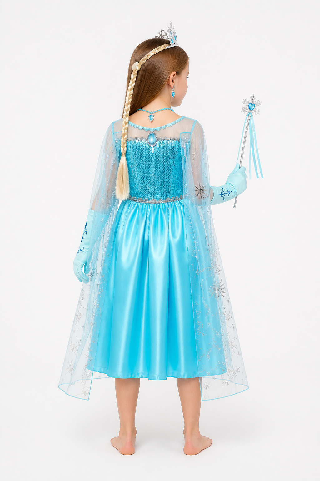 Long Elsa Costume with Sequins and Snowflakes back view