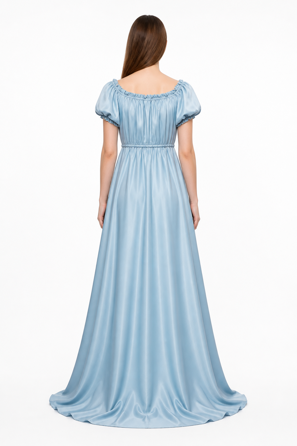 Bridgerton-style dress, light blue, with a train back view