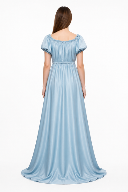 Bridgerton-style dress, light blue, with a train back view