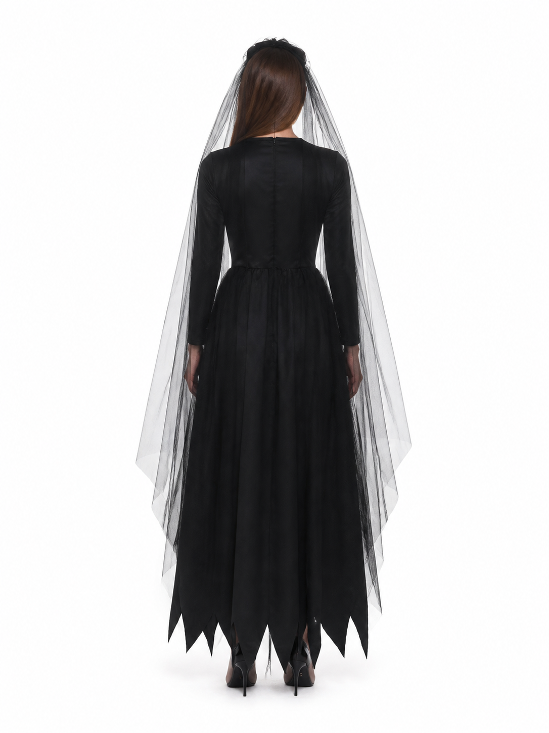 Black Gothic Long Dress with Veil back view