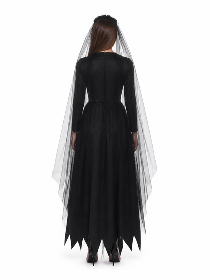 Black Gothic Long Dress with Veil back view