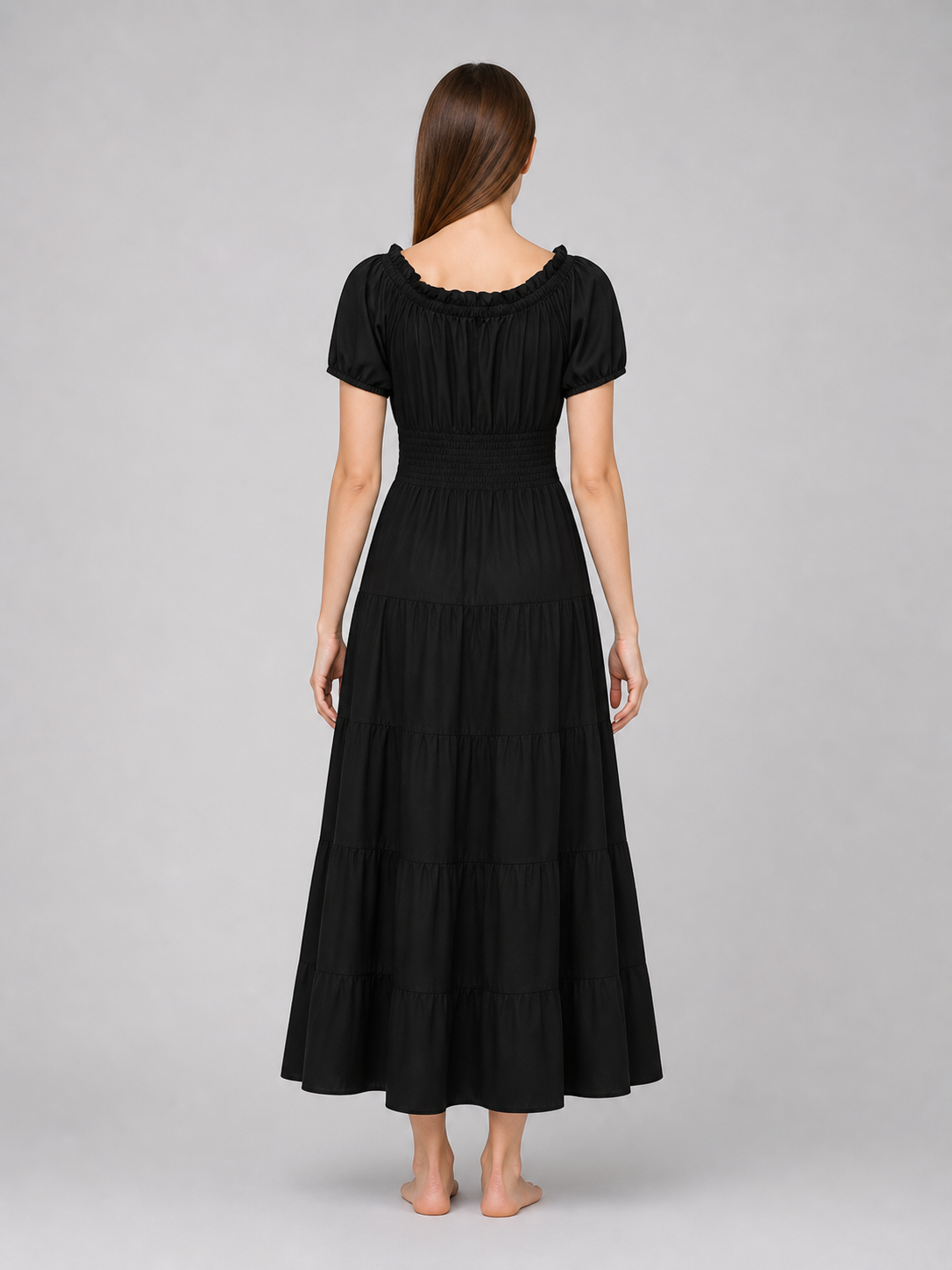 Black Tiered Maxi Dress with Ruching