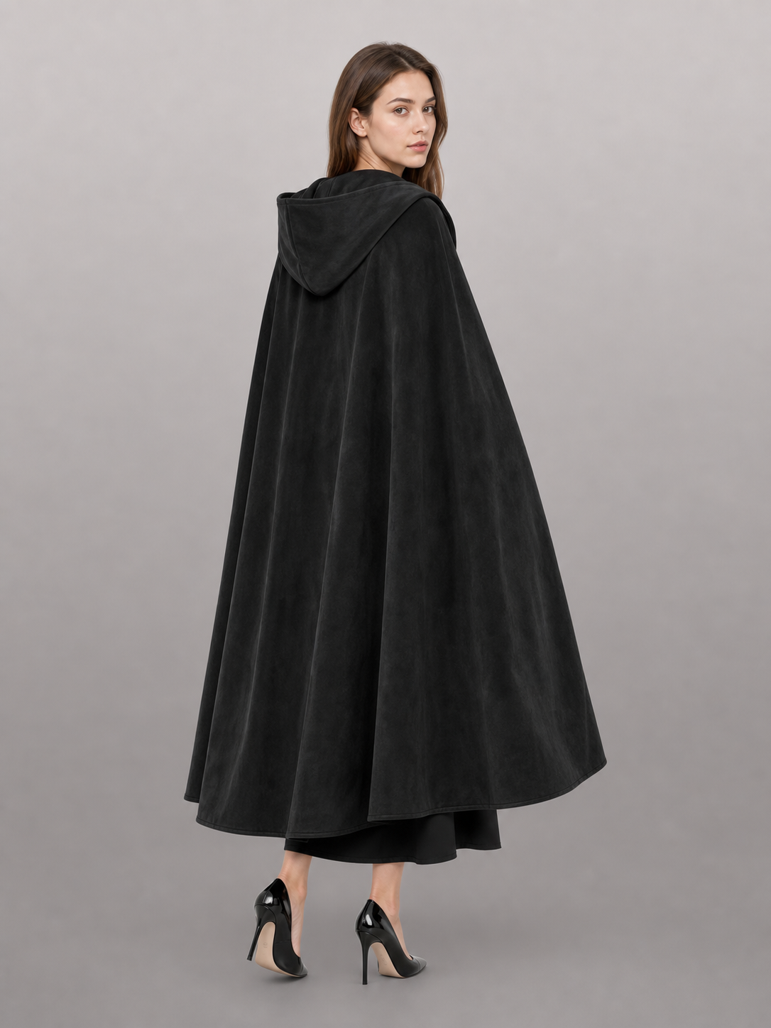 Long black hooded costume cloak