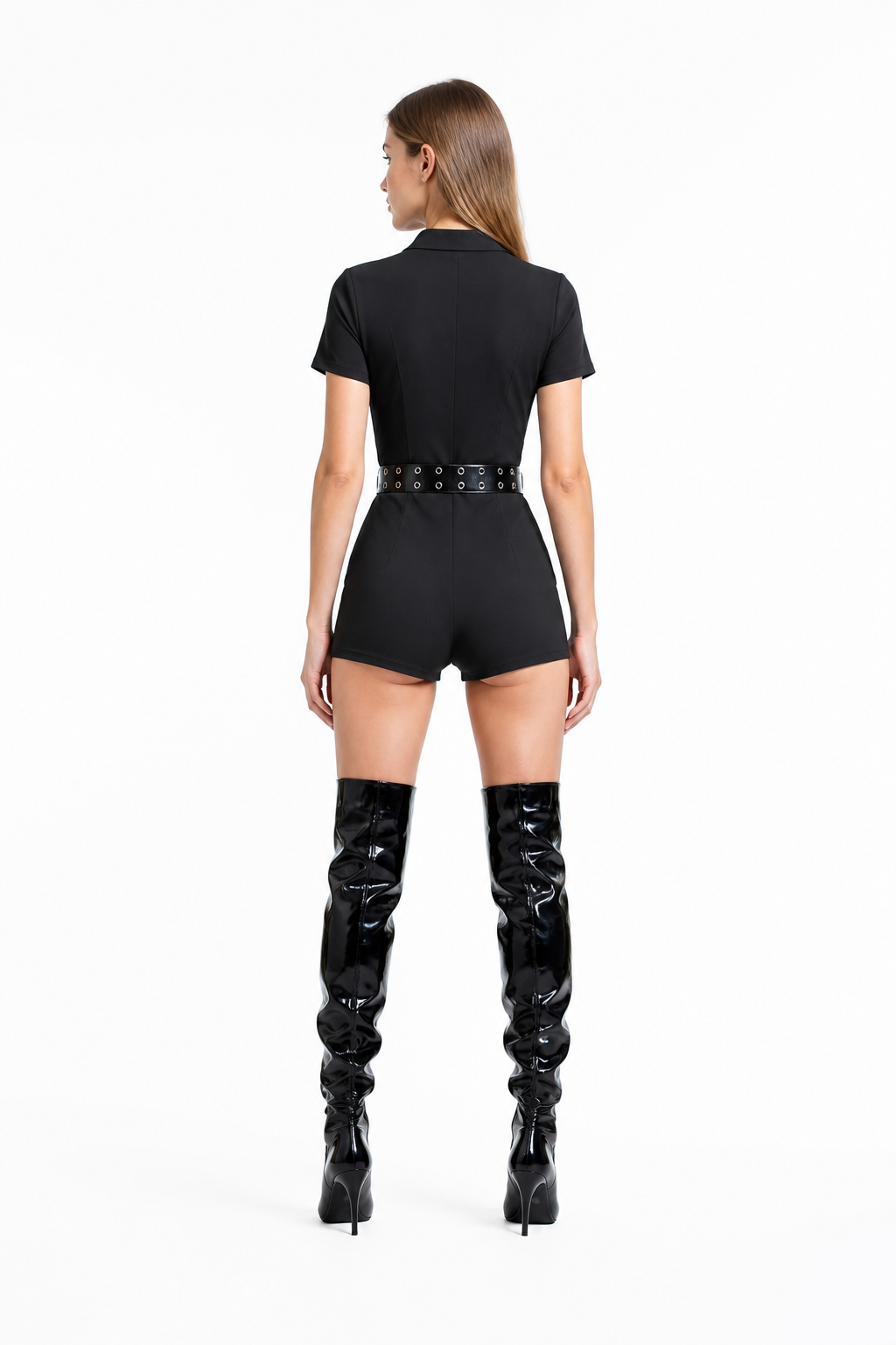 Black police costume with "police" lettering and belt back view