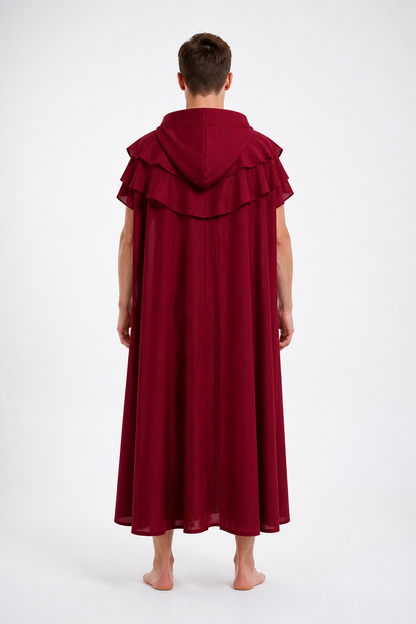 Burgundy Hooded Cloak with Ruffles for Costumes back view
