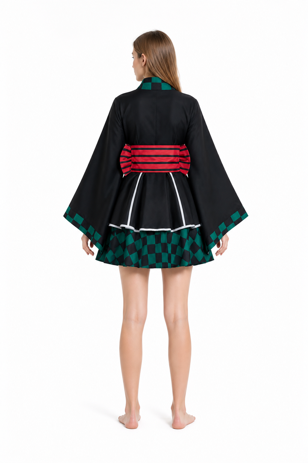 Black Cosplay Dress with White Trim and Checkered Pattern back view