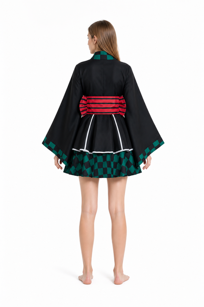 Black Cosplay Dress with White Trim and Checkered Pattern back view