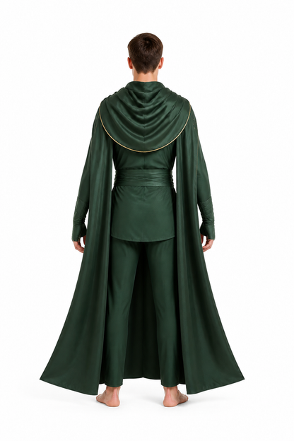 Loki Costume, Green Cloak with Gold Trim for Halloween back view