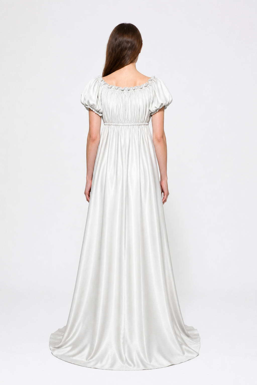 White Long Dress with Train and Puff Sleeves back view