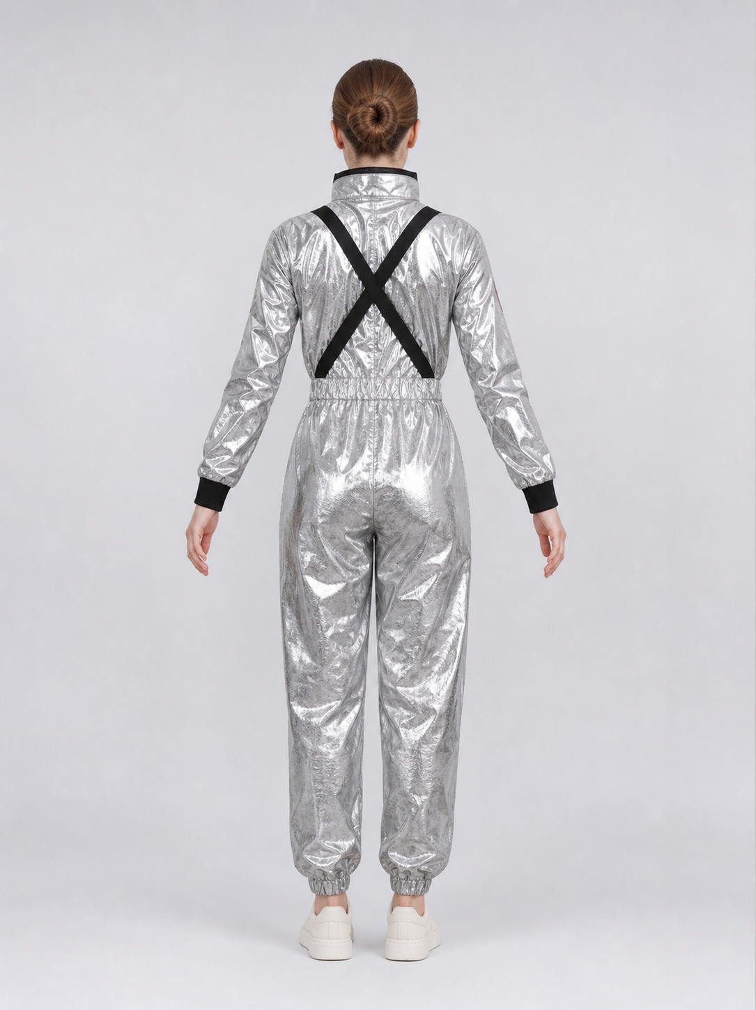 Silver astronaut costume with pockets and emblems