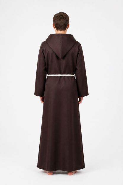 Brown Monk Robe with a Pointed Hood and Cross back view