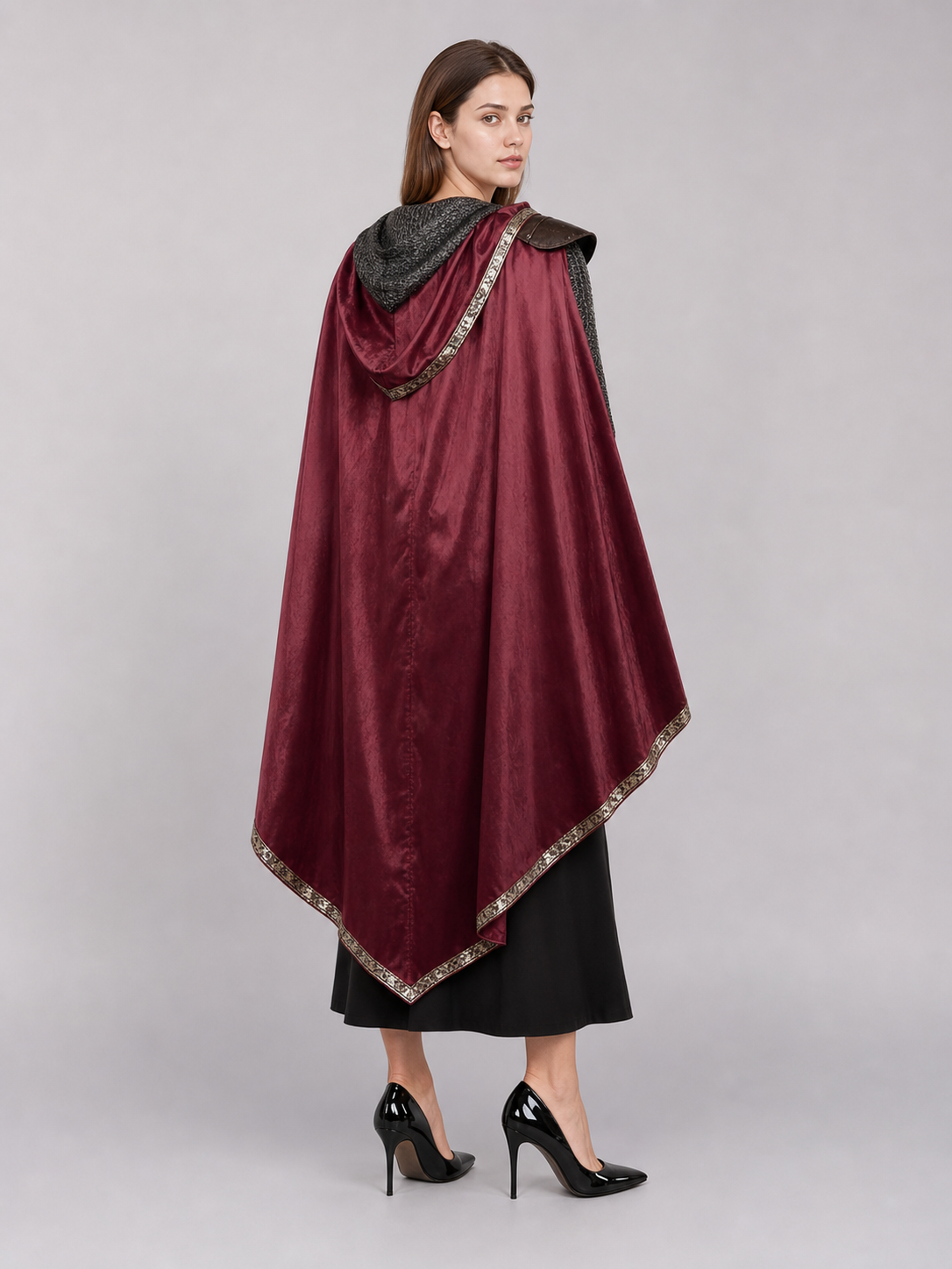 Burgundy velvet-look hooded costume cape product view 46