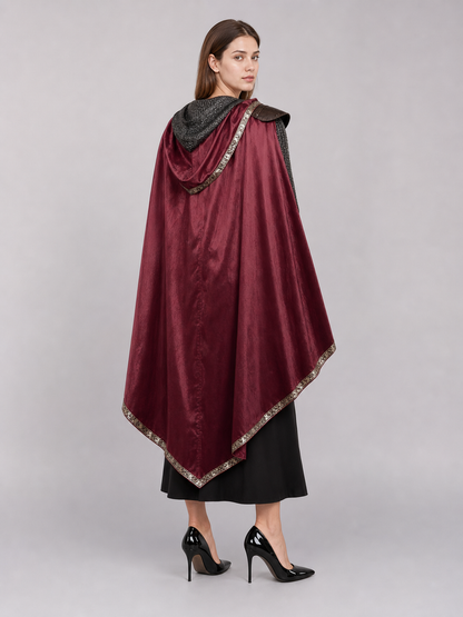 Burgundy velvet-look hooded costume cape product view 46