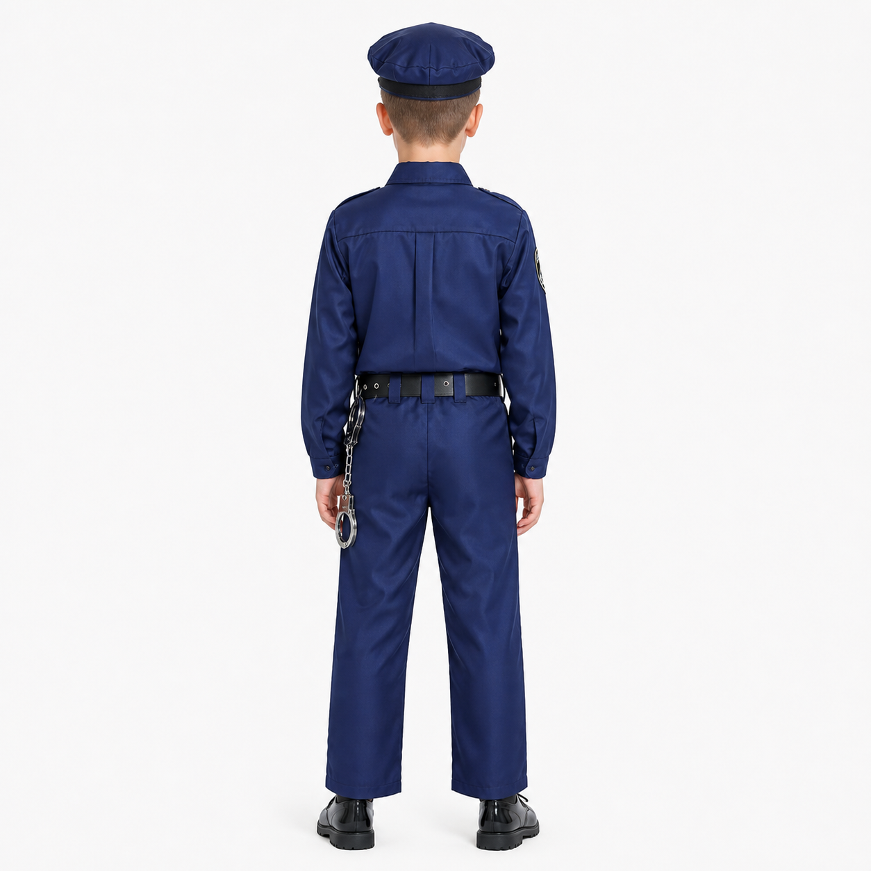 Police Costume with Cap, Belt, and Handcuffs back view