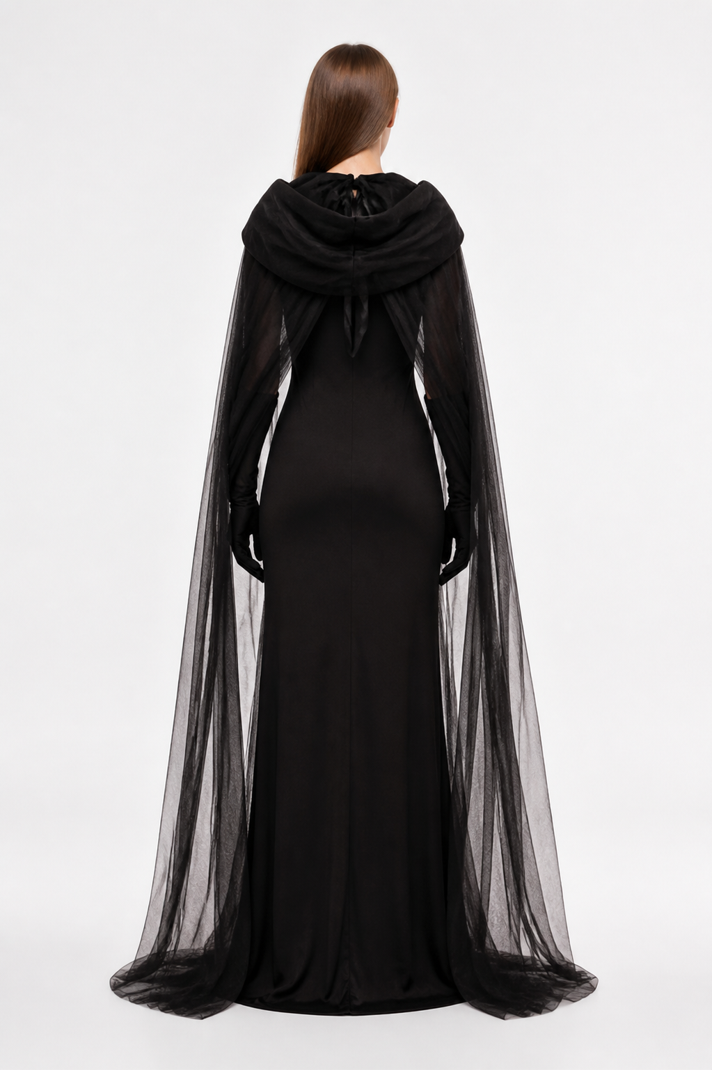 Black Hooded Cape Costume back view
