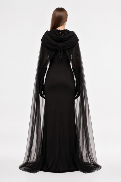 Black Hooded Cape Costume back view