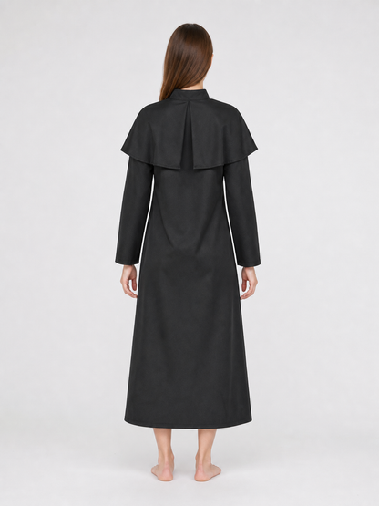 Black medieval-style costume designed to create a striking look for costume