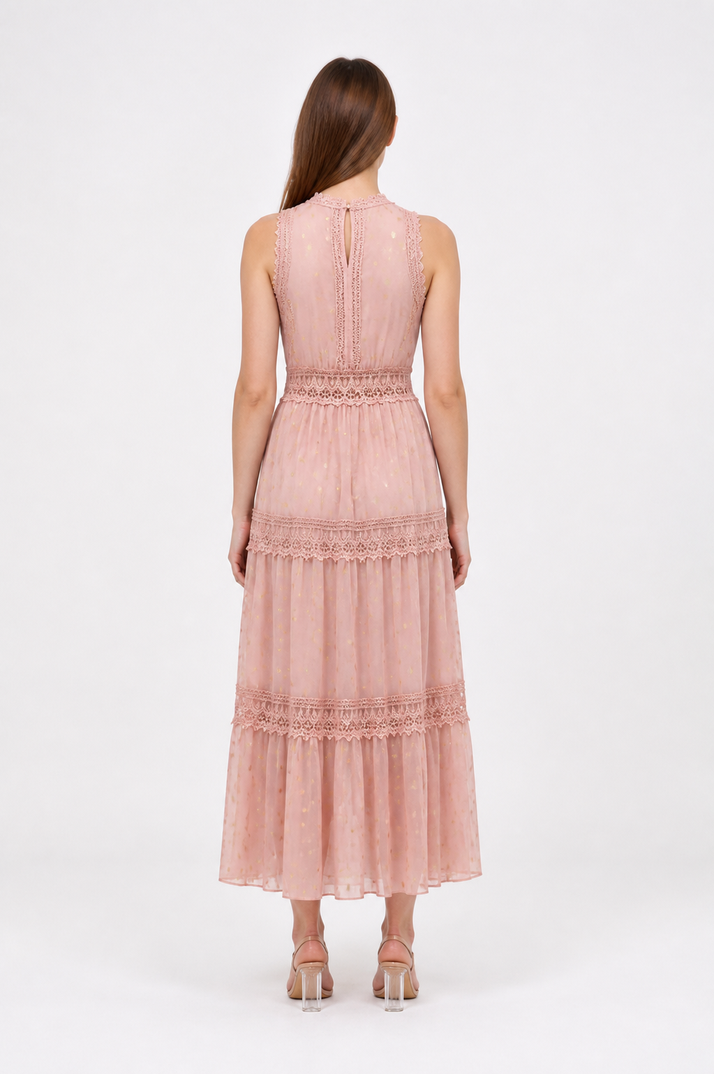 Long Pink Dress with a V-Neckline and Lace back view