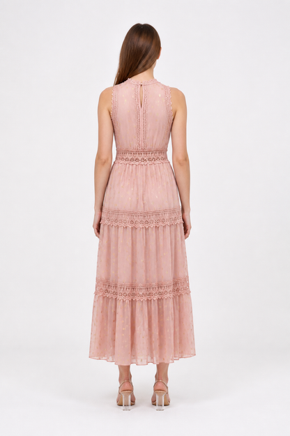 Long Pink Dress with a V-Neckline and Lace back view