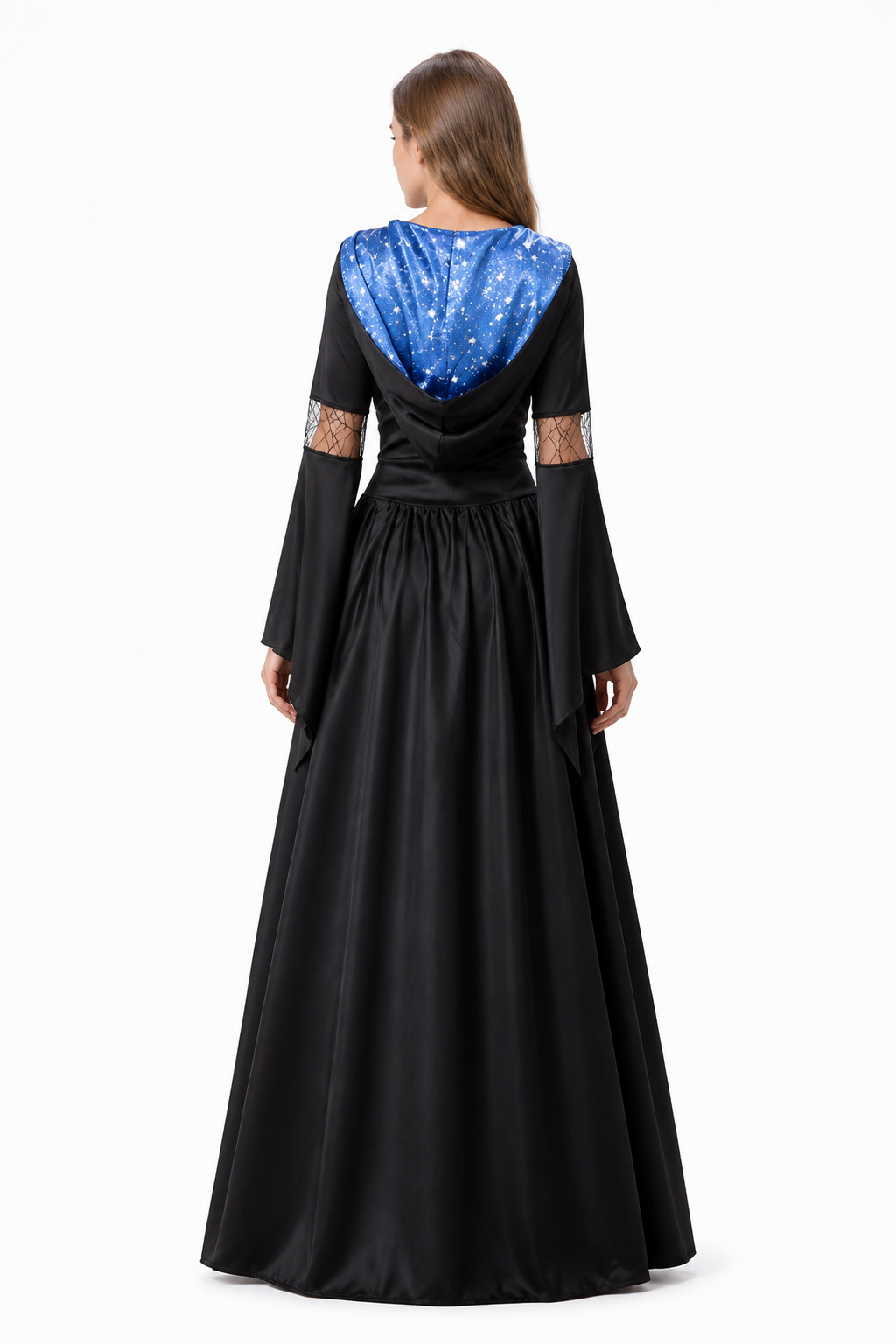 Long Black and Blue Witch Dress with Hood and Stars back view