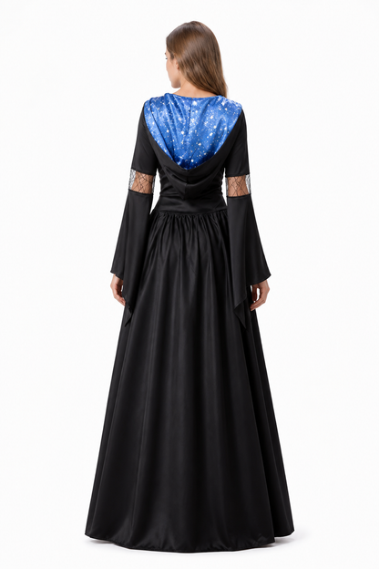 Long Black and Blue Witch Dress with Hood and Stars back view